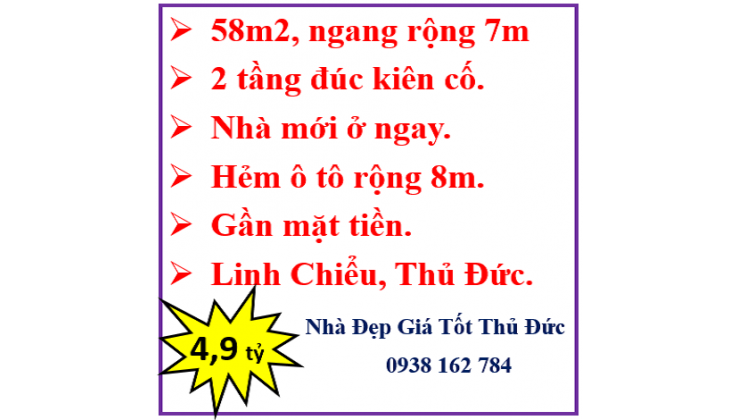 Bán gấp nhà-58m2- Võ Văn Ngân- Linh Chiểu- 2 tầng đúc- HXH 8m-Giảm còn 4.9 tỷ